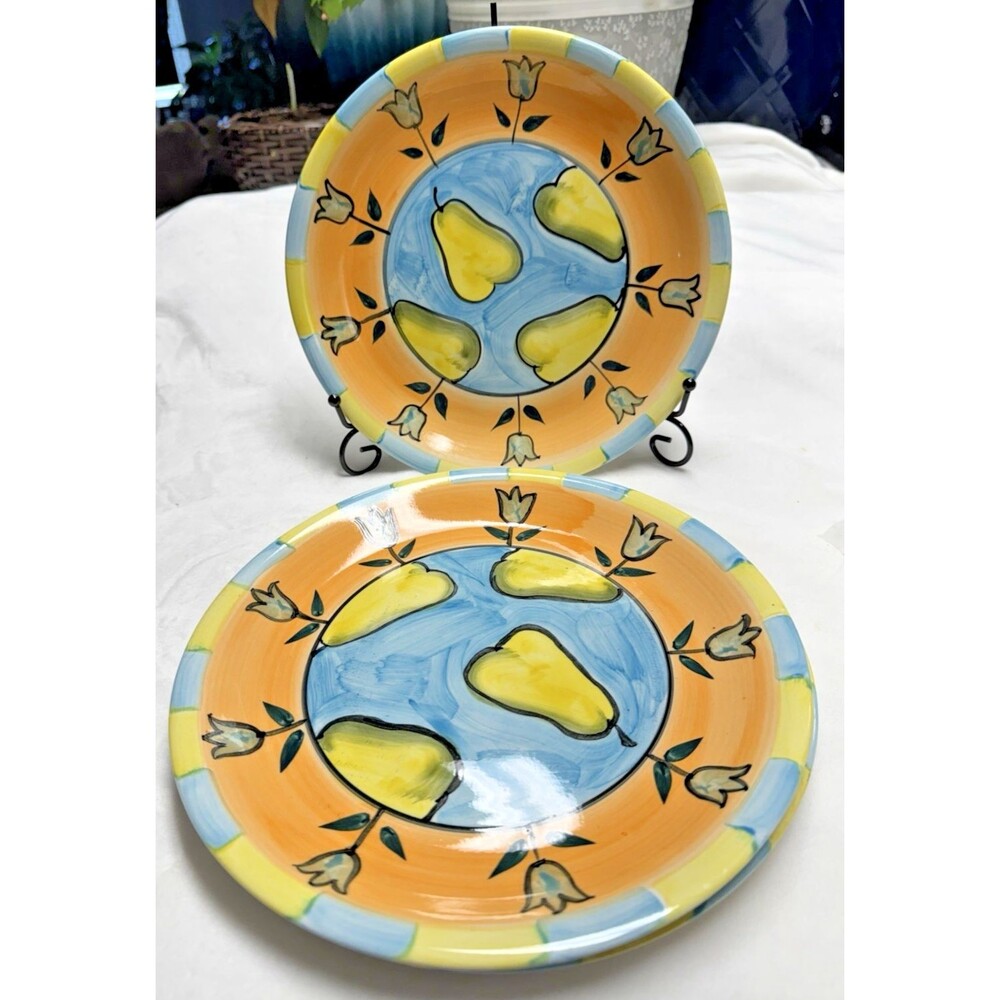 Set Of 3 Dinner Plates Emerald Collection Ruby Ceramic Fruit & Tulip Pattern 10"